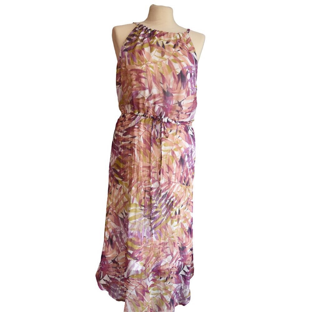 Lucky Brand Sleeveless Midi Dress Sz M Tropical Leaf Fairy Ethereal Neck Resort